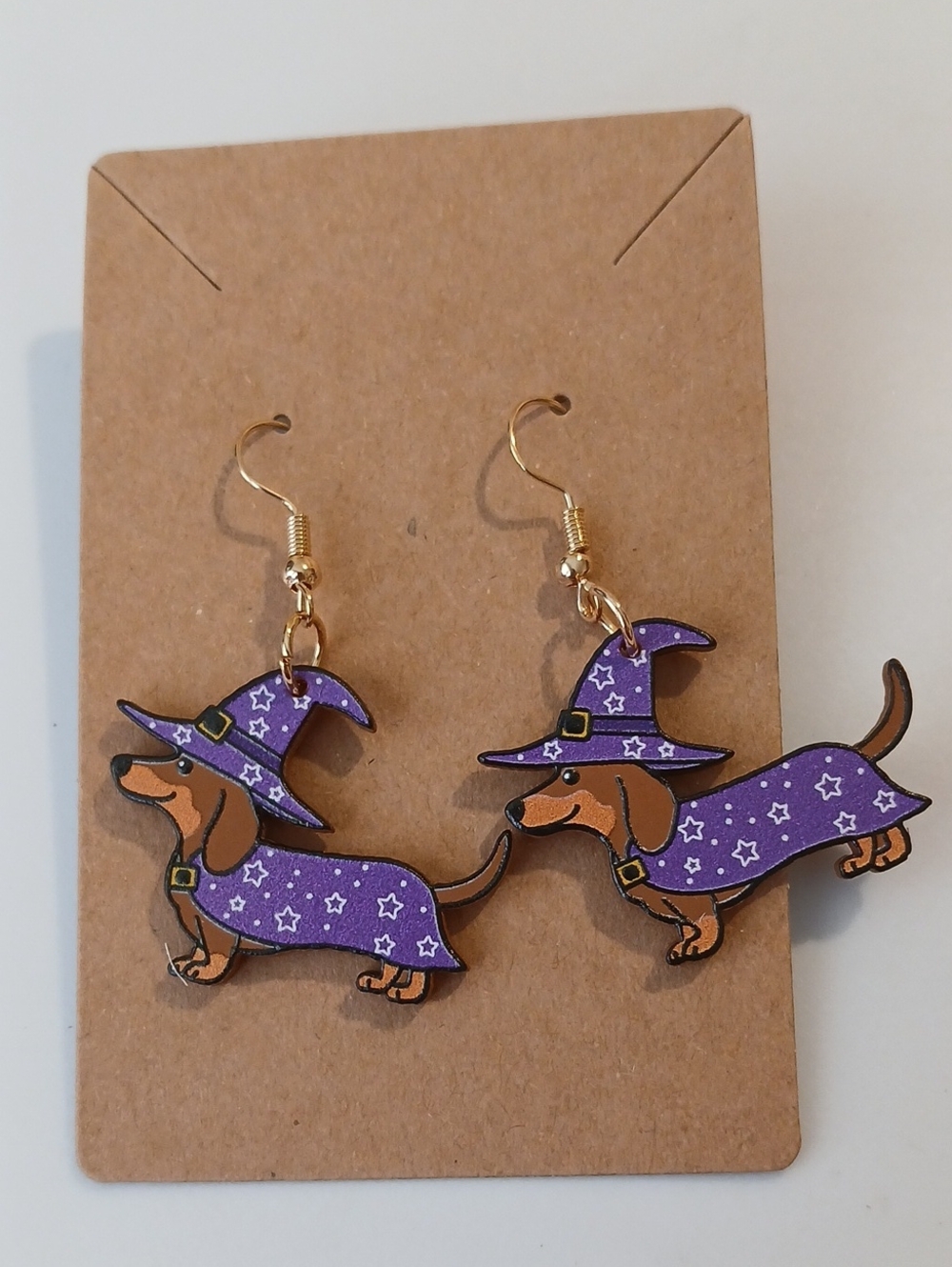 Fashion Jewelry Purple Dachshund Witch Hat Earrings